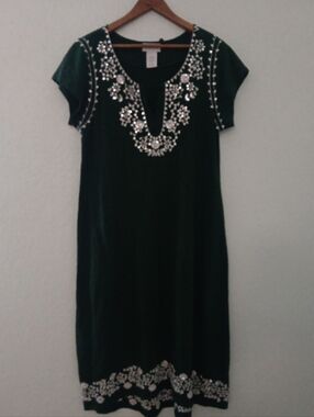 Soft Surroundings Dark Green Dress with Silver Bead Embellishment